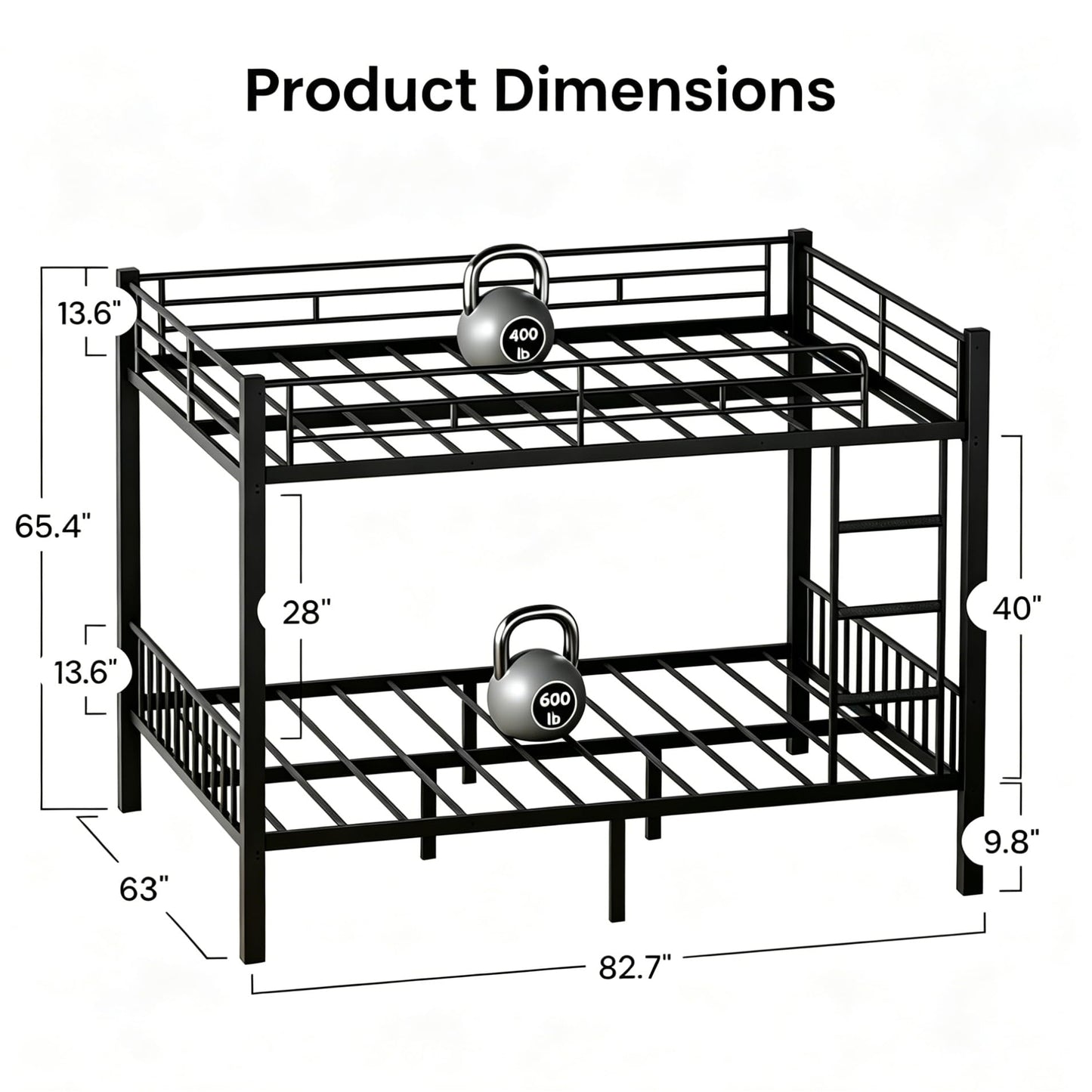 Feetice Queen Over Queen Bunk Bed, Heavy Duty Metal Bunk Bed for Adults & Teens, 400/600lbs Capacity, Full-Length Top Guardrails, Anti-Slip Ladder, 9.8" Underbed, No Box Spring Needed