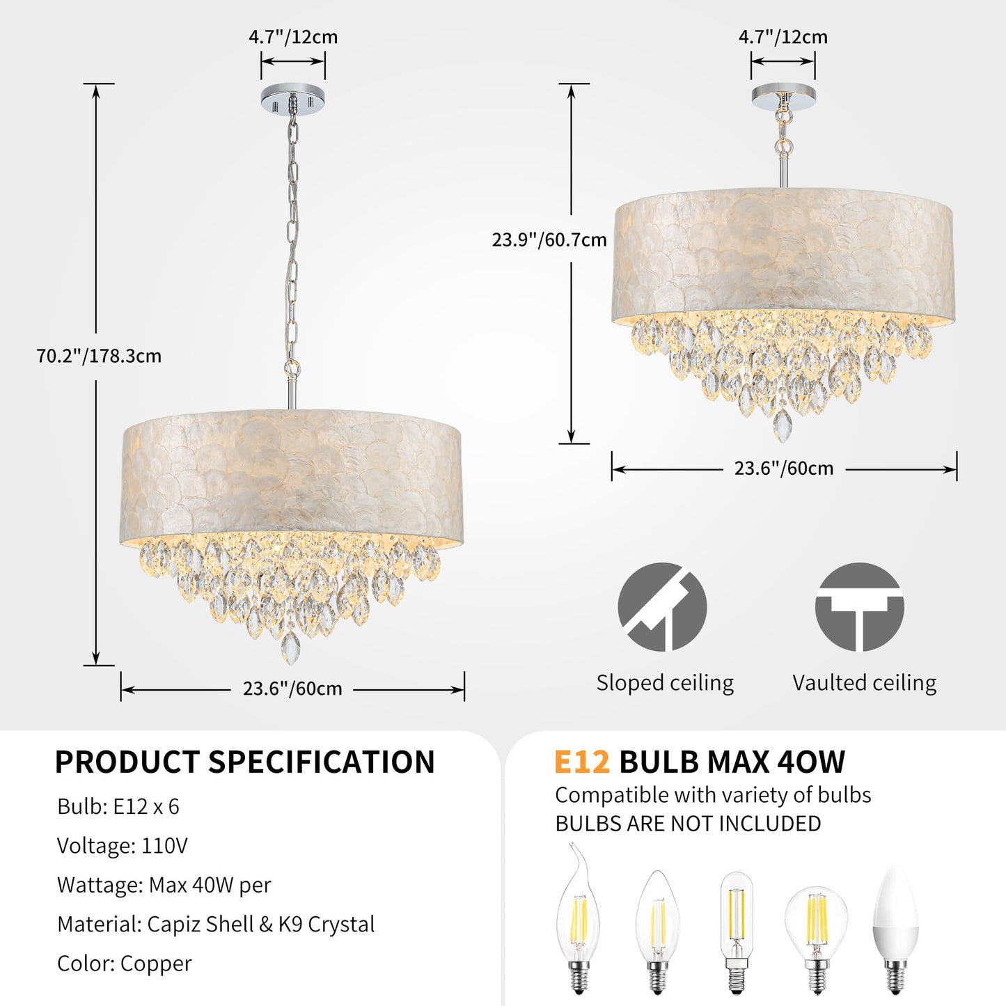 Pine Flicker X-Large 6-Light Drum Capiz Shell K9 Crystal Chandelier, Coastal Style Pendant Light Fixture for Dining Room, Living Room, D24 * H24~70 inch (Adjustable), Clear Crystal & Chrome Finish