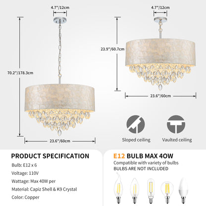 Pine Flicker X-Large 6-Light Drum Capiz Shell K9 Crystal Chandelier, Coastal Style Pendant Light Fixture for Dining Room, Living Room, D24 * H24~70 inch (Adjustable), Clear Crystal & Chrome Finish