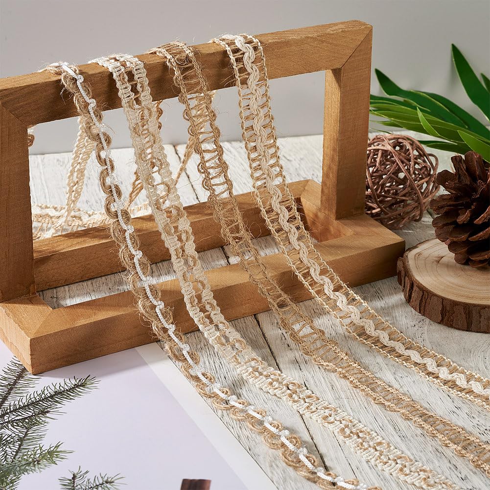 PH PandaHall 4 Rolls Natural Burlap Ribbons Jute Lace Ribbons Thin Crafts Fabric Ribbons Rustic Twine String for Gift Wrapping Wedding Christmas Party Home Decoration, 43.76 Yards