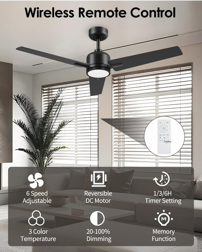 Newday 52 inch Ceiling Fans with Lights and Remote, Black 3 Blade Outdoor Fans for Patios -Dimmable Indoor DC Motor, 6 Speed, Quiet Noiseless, 3 CCT, Reversible, High CFM