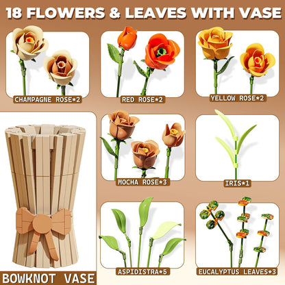 Bagari Roses Bouquet Building Set - Artificial Flowers Building Blocks with Vase, Compatible with Lego Kit for Adults - Collection for Home Office Decor Gifts for Women Men Birthday Anniversary 868PCS
