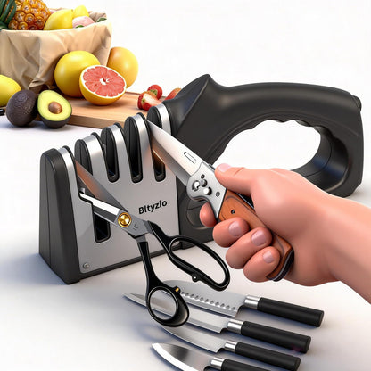 4-In-1 Manual Knife Sharpener for Kitchen Knives & Scissors, Professional Pull-Through Knife Sharpener with Tungsten Steel & Ceramic Slots, Non-Slip Base, Easy to Use for Chef Knives & Serrated Blades