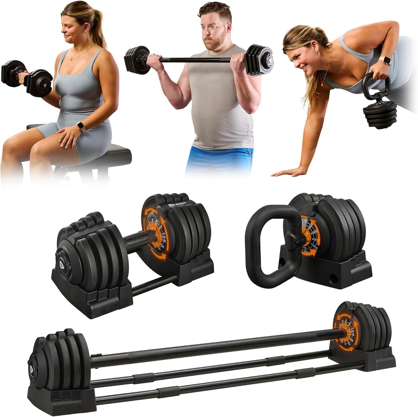 LifePro Adjustable Dumbbell Set, 3-in-1 Triform Barbell Kettlebell Weight Set — 2 to 43 lbs Turn-Dial Quick Adjust Weights for Home Gym, Compact Hand Weights for Women and Men