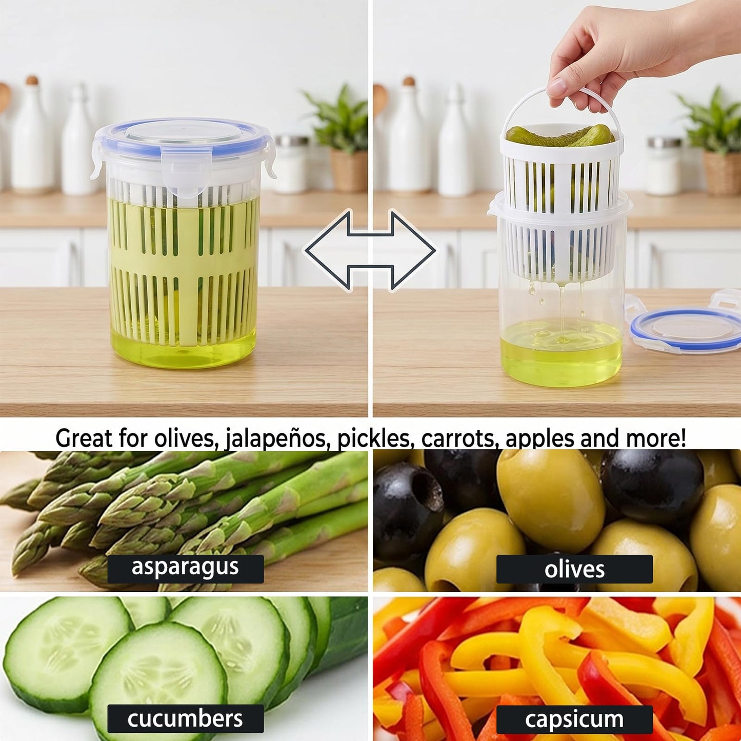 Yesland 4 Pack Pickle Container with Strainer, 24 oz Plastic Pickle Jar Holder Keeper Lifter, Clear Leak-proof Pickle Juice Separator with Lock It Lid for Sweet Gherkins, Olives