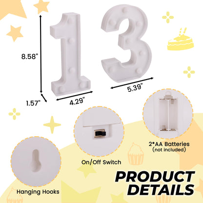 13th Birthday Decoration Light Up Letters, Battery Powered LED Numbers Marquee Number Sign for Sweet 13th Party Home Decor Night Light