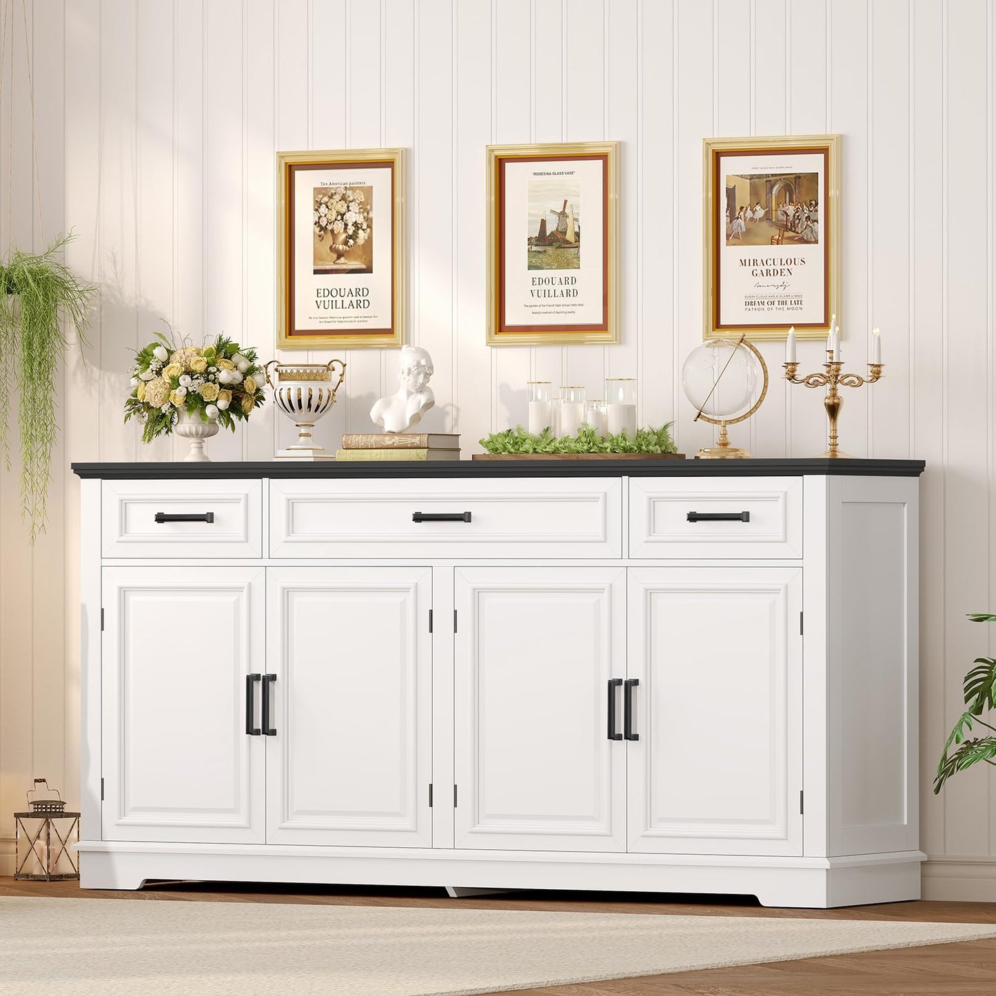 usikey 59” Large Buffet Cabinet with 4 Doors and 3 Drawers, Buffet Sideboard Cabinet with Storage and 2 Adjustable Shelves, Coffee Bar, Wine Bar for Living Room, White