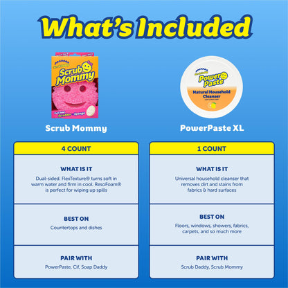 Scrub Daddy Sponges & PowerPaste XL Value Pack - 4 Scrub Mommy Multipurpose Dish Sponges & PowerPaste XL All-Purpose Cleaning Paste - Scratch-Free, Multi-Surface Household Cleaning Supplies Kit (5ct)