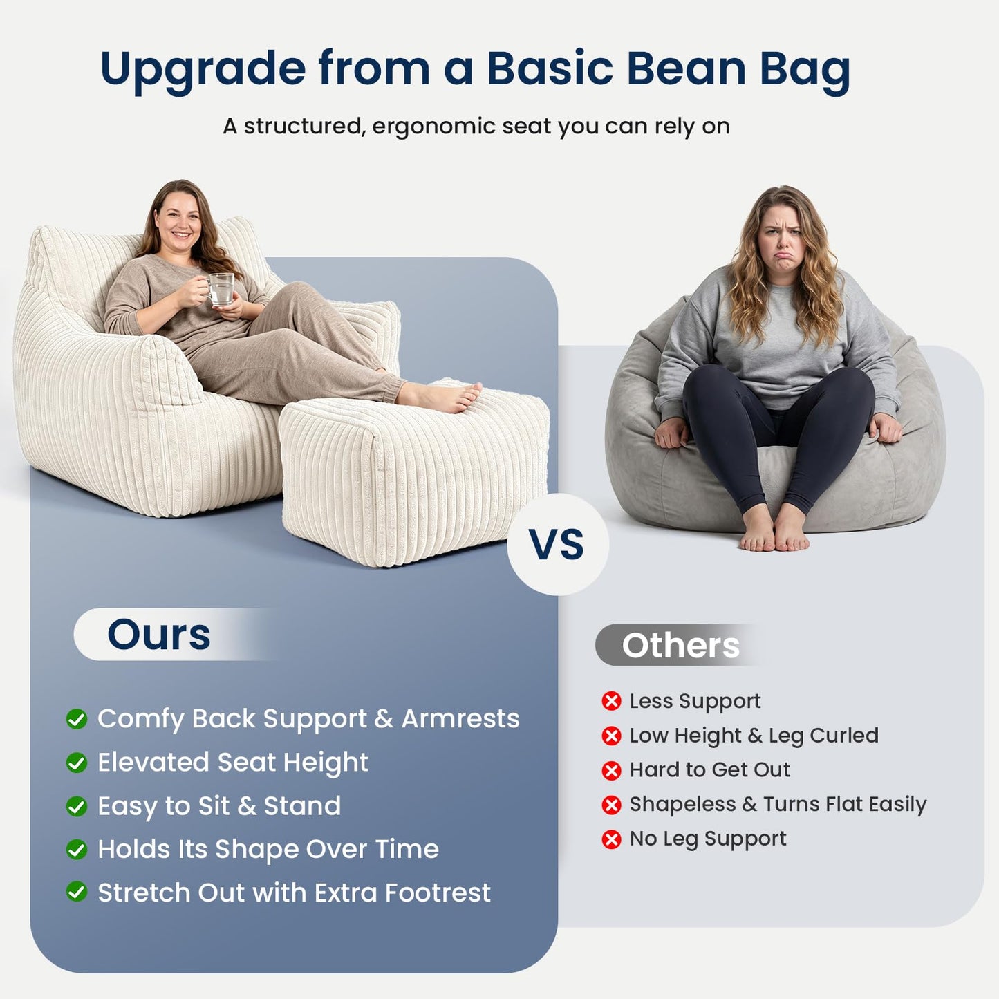 Giant Bean Bag Chair with Footstool for Adults, Fluffy Boneless Lounge Sofa Chair, Superior Large Reading Floor Sofa Bed, Oversized Accent Comfy Couch for Living Room, Bedroom (Beige, with Ottoman)