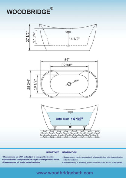 WOODBRIDGE 59" Acrylic Freestanding Bathtub Contemporary Soaking White Tub with Brushed Gold Overflow and Drain,BTA1516 BG
