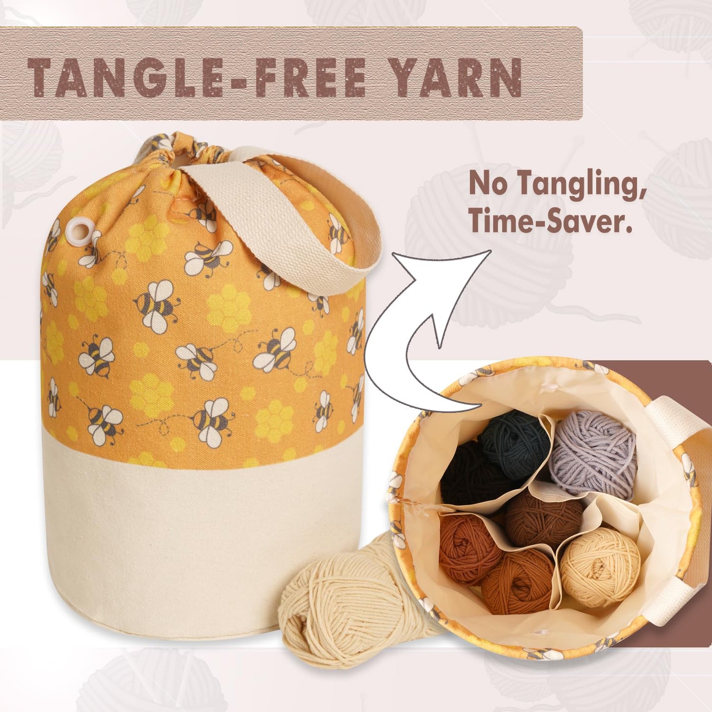 TOGETRUE Yarn Bag, Knitting Crochet Bag, Portable Yarn Storage Bags Organizer for Crocheting Project, Store Skein Ball, Short Knitting Needle (Large, Bees)