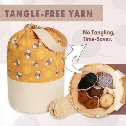 TOGETRUE Yarn Bag, Knitting Crochet Bag, Portable Yarn Storage Bags Organizer for Crocheting Project, Store Skein Ball, Short Knitting Needle (Large, Bees)