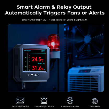 Ethernet Server Room Temperature Monitor (Swiss Sensors) PoE Server Rack Temperature Humidity Sensor with Web Interface, SNMP Modbus MQTT Support, Dual Power, IP55, Data Logging, Alarm & Relay Output