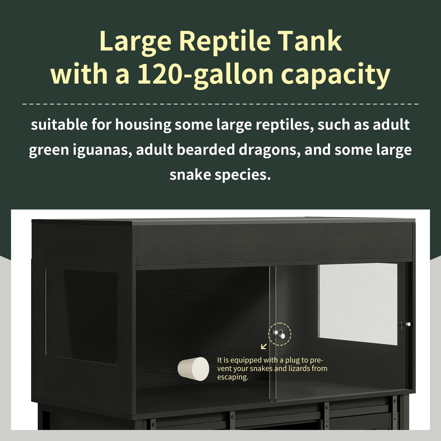 Herture 120 Gallon Reptile Terrarium with Stand, 4x2x2 Bearded Dragon Enclosure for Snakes Lizards, Large Vivarium Tank with Storage Cabinet, Acrylic Doors, Mesh Lid, Power Outlet Black PX04RTBB