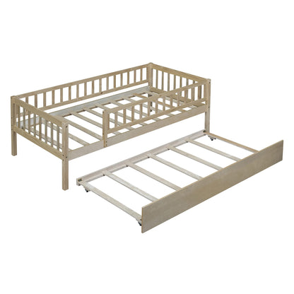 Bellemave Twin Bed Frames with Rails for Kids, Twin daybed Frame with Trundle for Boys/Girls/Adults， Natural
