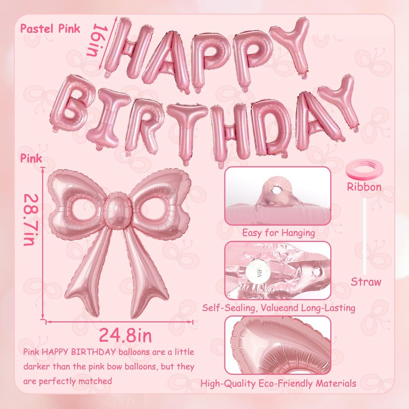 Pink Happy Birthday Balloons, 31”Huge Pink Bow Aluminum Foil Balloons for Girl Woman Birthday, Princess, Coquette Party Decorations Supplies