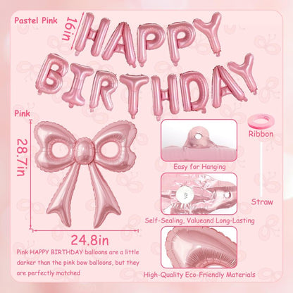 Pink Happy Birthday Balloons, 31”Huge Pink Bow Aluminum Foil Balloons for Girl Woman Birthday, Princess, Coquette Party Decorations Supplies