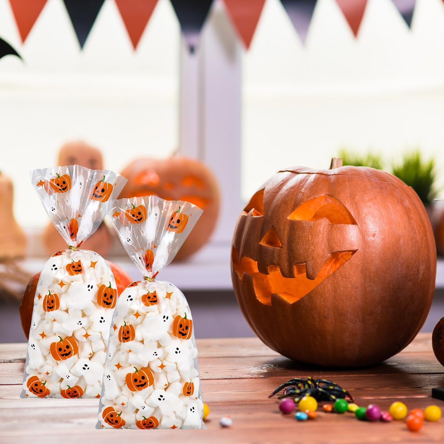 JarThenaAMCS 100Pcs Halloween Cellophane Bags with Twist Ties Ghost Pumpkin Treat Bag Clear Plastic Candy Goodie Bags for Birthday Party Favors Supplies