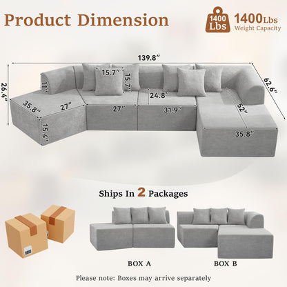 CACFTII 140" Oversized Boneless Couch, Curved Cloud Sectional Couch with L-Shape Chaise, Compressed Memory Foam Couch, Velvet Modular Sectional Sofa for Living Room, No Assembly Required, Grey