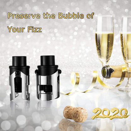 HYZ 2-Pack Champagne Stoppers Wine Saver, Sparkling Wine Vaccum Stoppers with Built-in Pump for Champagne, Prosecco and Cava - Stainless Steel + ABS Champagne Bottle Stoppers, Black