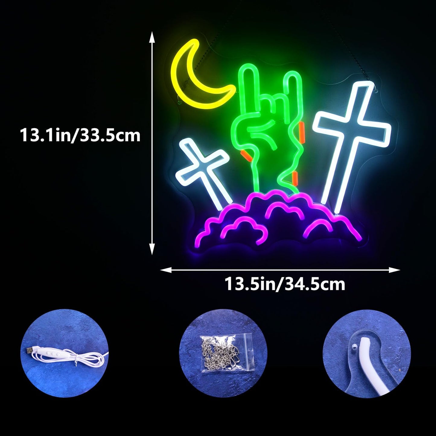 Halloween Devil Neon Sign Rock Gesture Cross With Moon and Cloud Neon LED Lights Zombie Spooky All Saints' Day Wall Neon Lamp for Halloween Party Bedroom Home Bar Pub Amusement Park Decor
