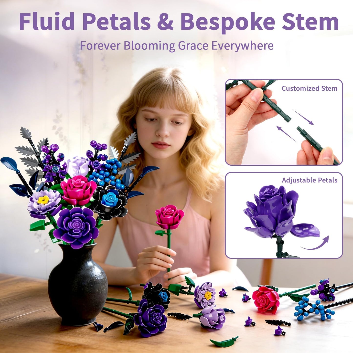 YOIUSFR 759 Pcs Purple Rose Flower Bouquet Building Set, Botanical Collection Kit Artificial Fake Flowers Blocks, Home Table Decor Aesthetic for Gifts for Birthday, DIY Craft
