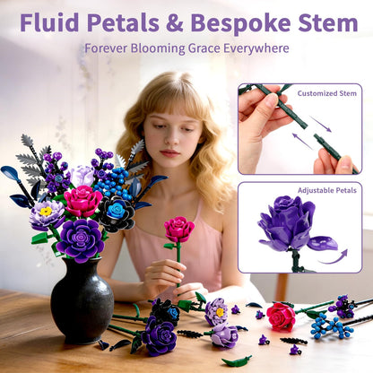 YOIUSFR 759 Pcs Purple Rose Flower Bouquet Building Set, Botanical Collection Kit Artificial Fake Flowers Blocks, Home Table Decor Aesthetic for Gifts for Birthday, DIY Craft