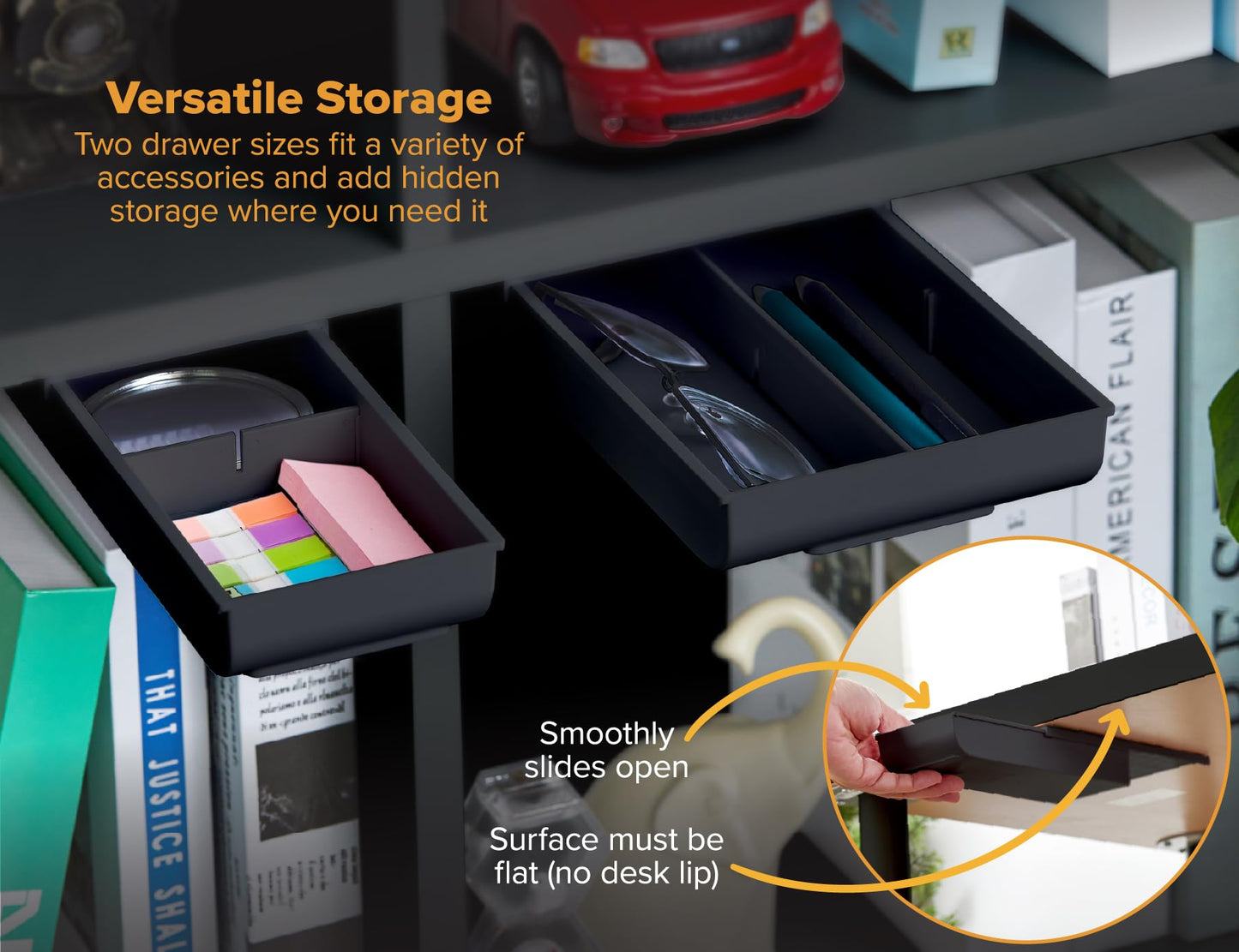 Bostitch Konnect Under Desk Drawer, Self-Adhesive Slide Out Storage Organizer with 4 Customizable Dividers, 2-Pack