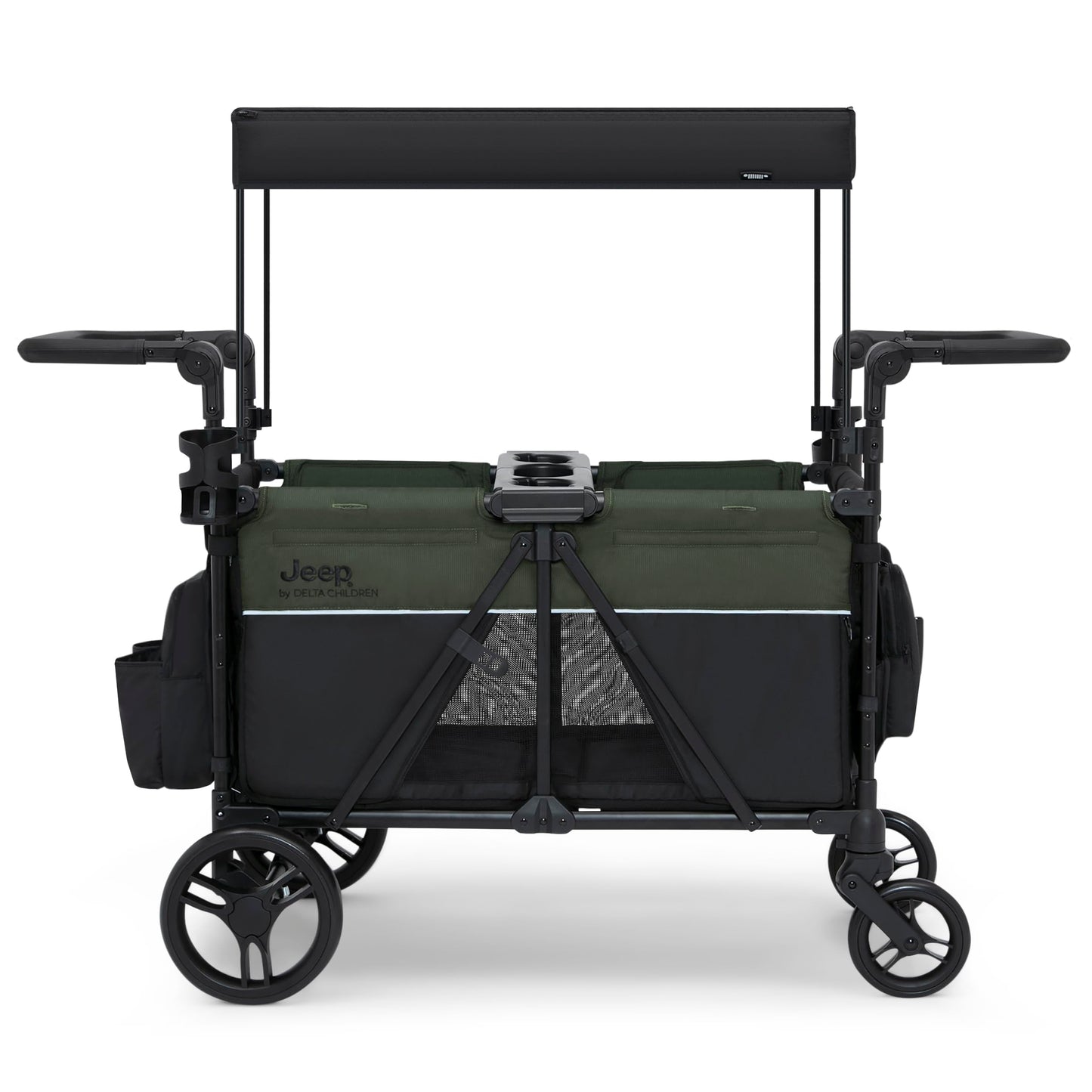 Jeep Aries Stroller Wagon by Delta Children Premium Wagon for 2 Kids with Convertible Seats, Adjustable Push/Pull Handles, Removable Canopy & Flat Fold - Greenguard Gold Certified, Black/Green