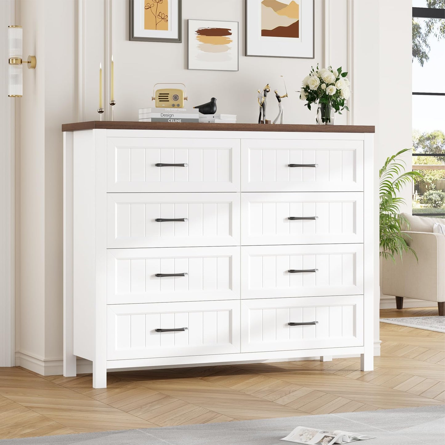 Jocoevol Farmhouse Dresser 8 Drawer Dresser for Bedroom, Large Wooden Dressers Double Grey Dresser with Deep Drawers Dressers for Hallway, Entryway (White and Brown)