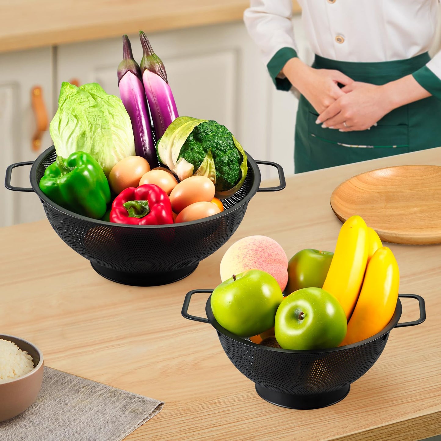Black Colander for Kitchen, 3QT, Stainless Steel Pasta Strainer with Handle, Pasta Strainer for Fruits Vegetables Cooking Food, Dishwasher Safe
