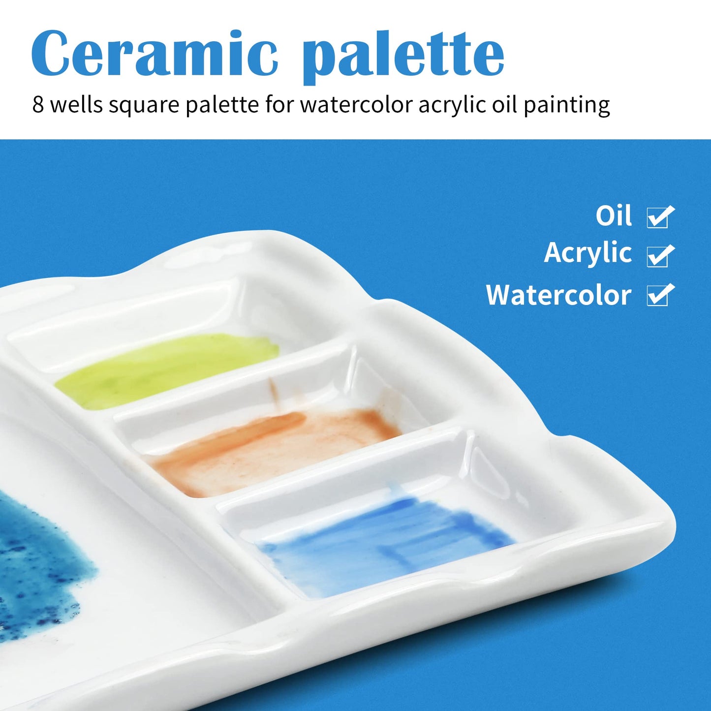 Falling in Art Artist Ceramic Palette, 8 Well Rectangle Porcelain Watercolor Paint Palette for Watercolor Gouache Acrylic Oil Painting, 7-Inch