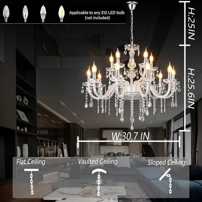 MALOSA Large Clear Crystal Chandeliers,30.7" Large Chandelier for Dining Room,Living Room,Bedroom,Hallway,High Ceilings Wedding Party 15 Lights