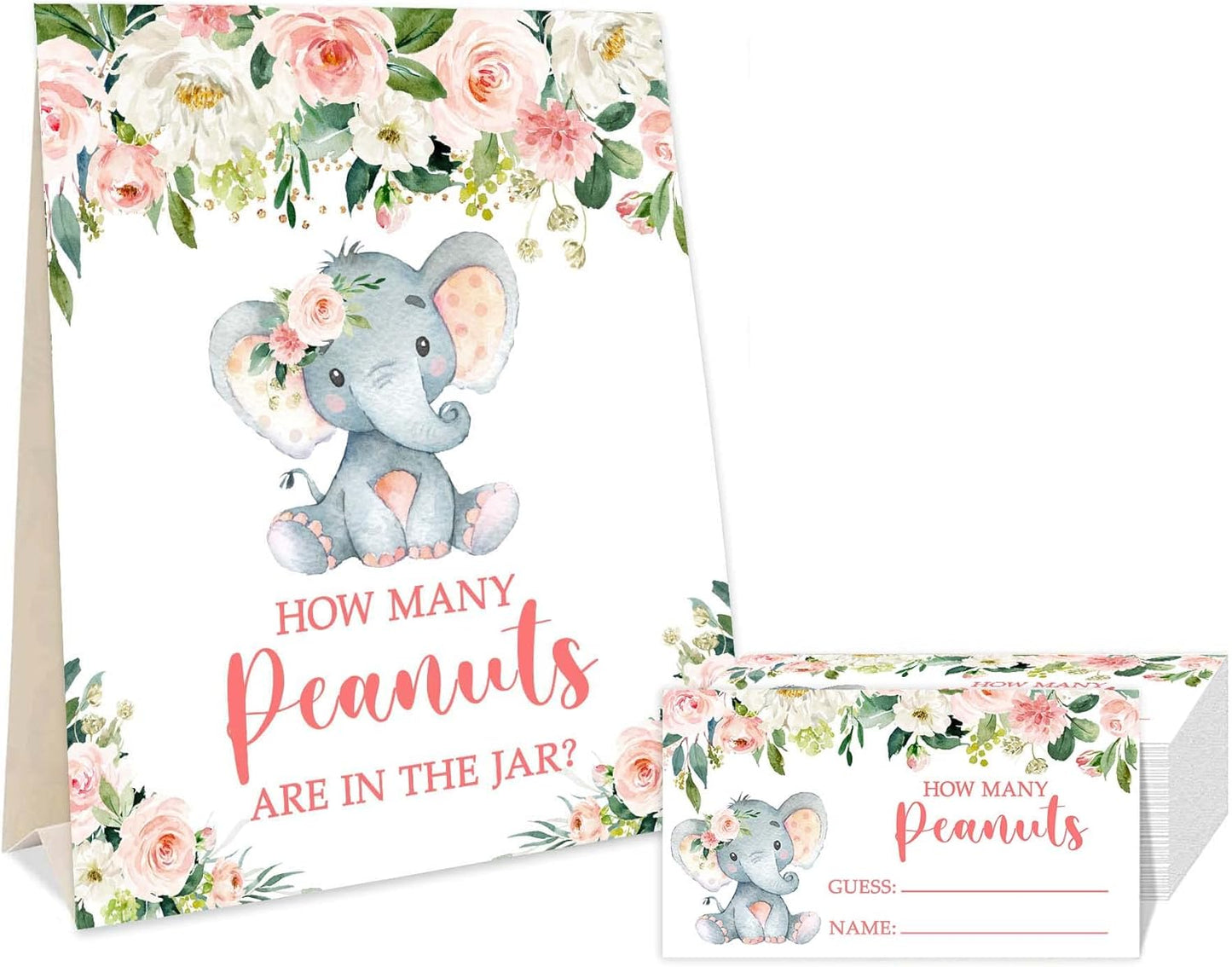Yuzioey Pink Elephant Baby Shower Game, Guess How Many Peanuts, 50 Cards and Matching Sign
