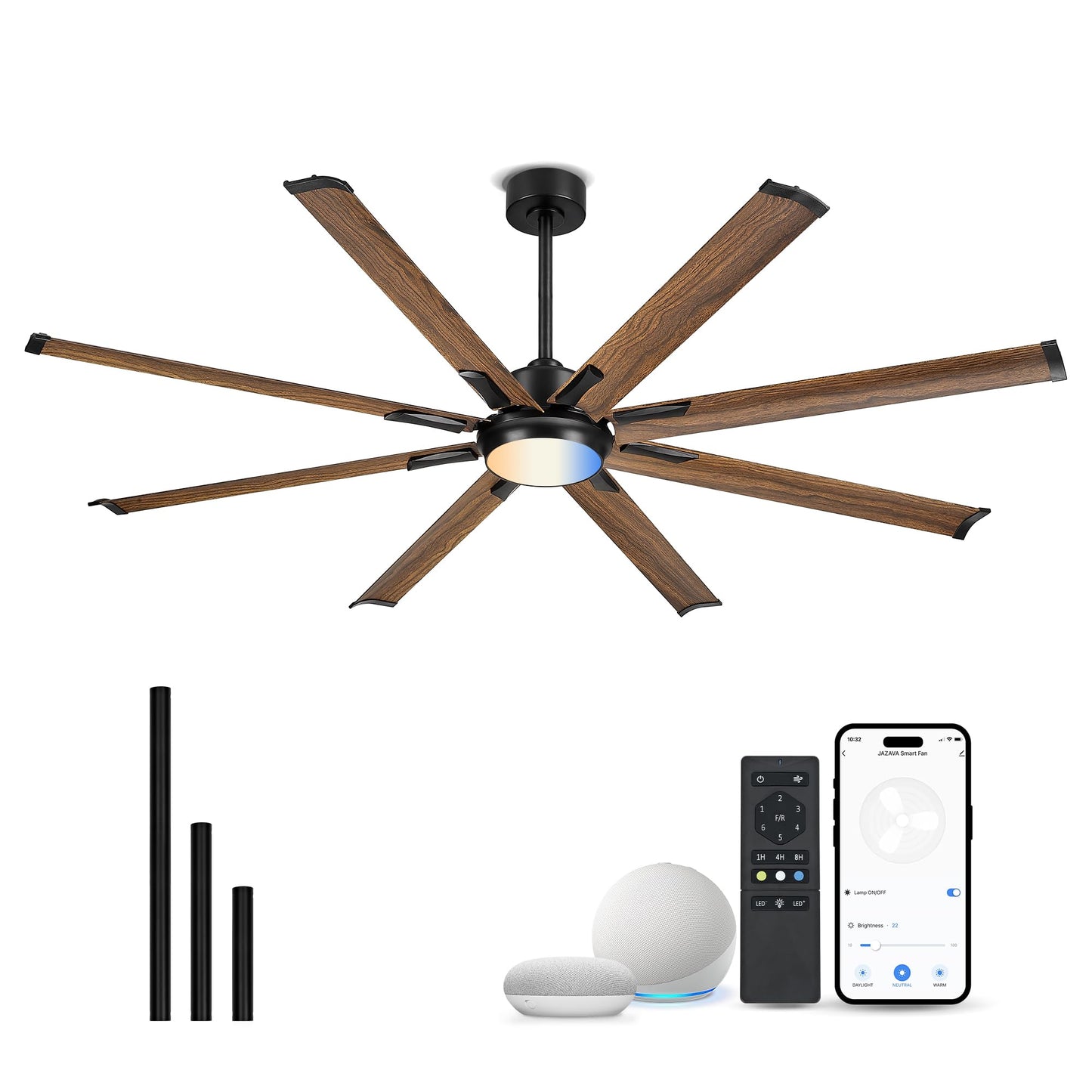JAZAVA 72 Inch Ceiling Fan with Light, Industrial Design with 8 Aluminum Blades, Smart Control Compatible with Alexa, Indoor Outdoor Garage Fan for Living Room Patio, Model ZCCF04WD-72