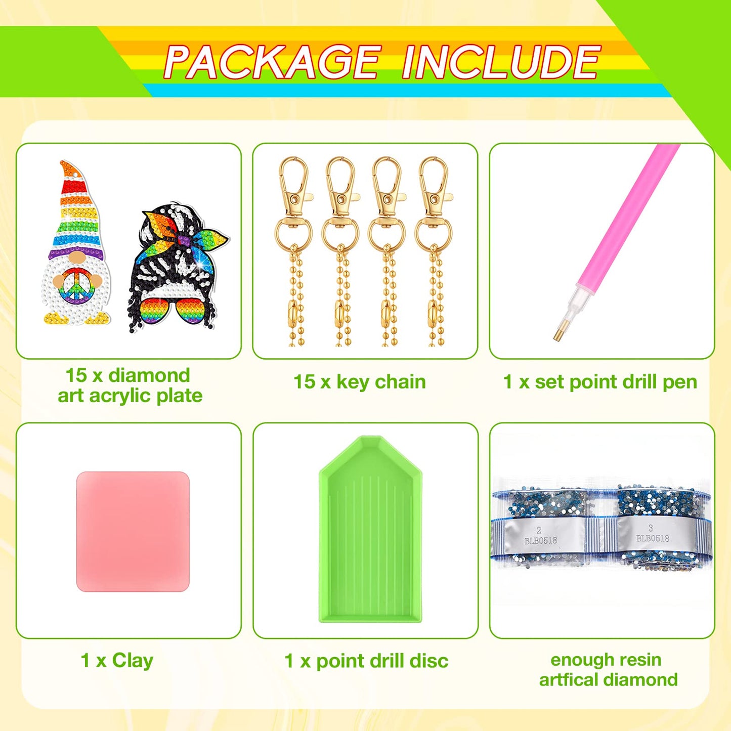Estune 15 Pcs Rainbow Festival Diamond Keychain Fall 5d Diamond Painting Keychain Fall Diamond Art Keychain Pendant Colorful Keyring DIY Diamond Jewelry Decor (Rainbow Festival Style)