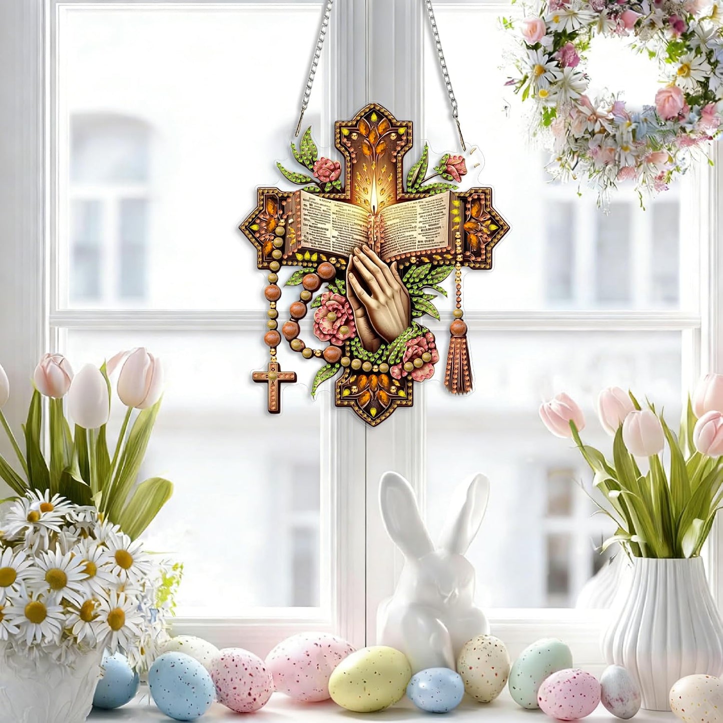LPDJITO Religious Pray Hanging Diamonds Art kit for Adult, Cross Flowers Pendant Diamonds Painting Art Kit, Acrylic Diamonds Painting Board Kit Ornament, Special Crystal Diamond Hanging Ornament