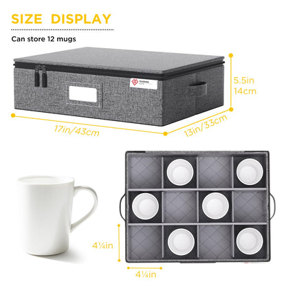 YearningHome Cup and Mug Storage Box with Hard Shell and Dividers for Coffee Mugs,Tea Cups and Glasses,Stackable Storage Organizers with Lid,Handles,Zips and Lable for Moving,Holds 12,2 Pack, Grey