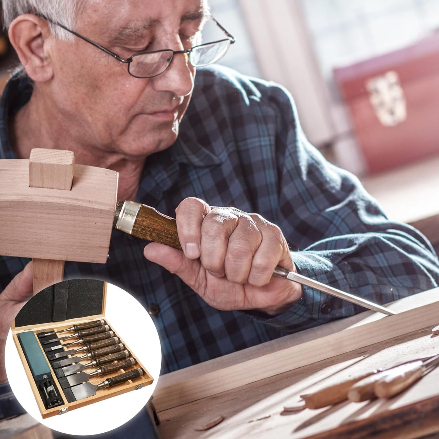 SELFIE CAT 8 Piece Wood Chisel Set for Woodworking Tools Wood Carving Tools with Wooden Case and Sharpening Stones Wood Carving Kit for Beginners and Professionals Black Walnut