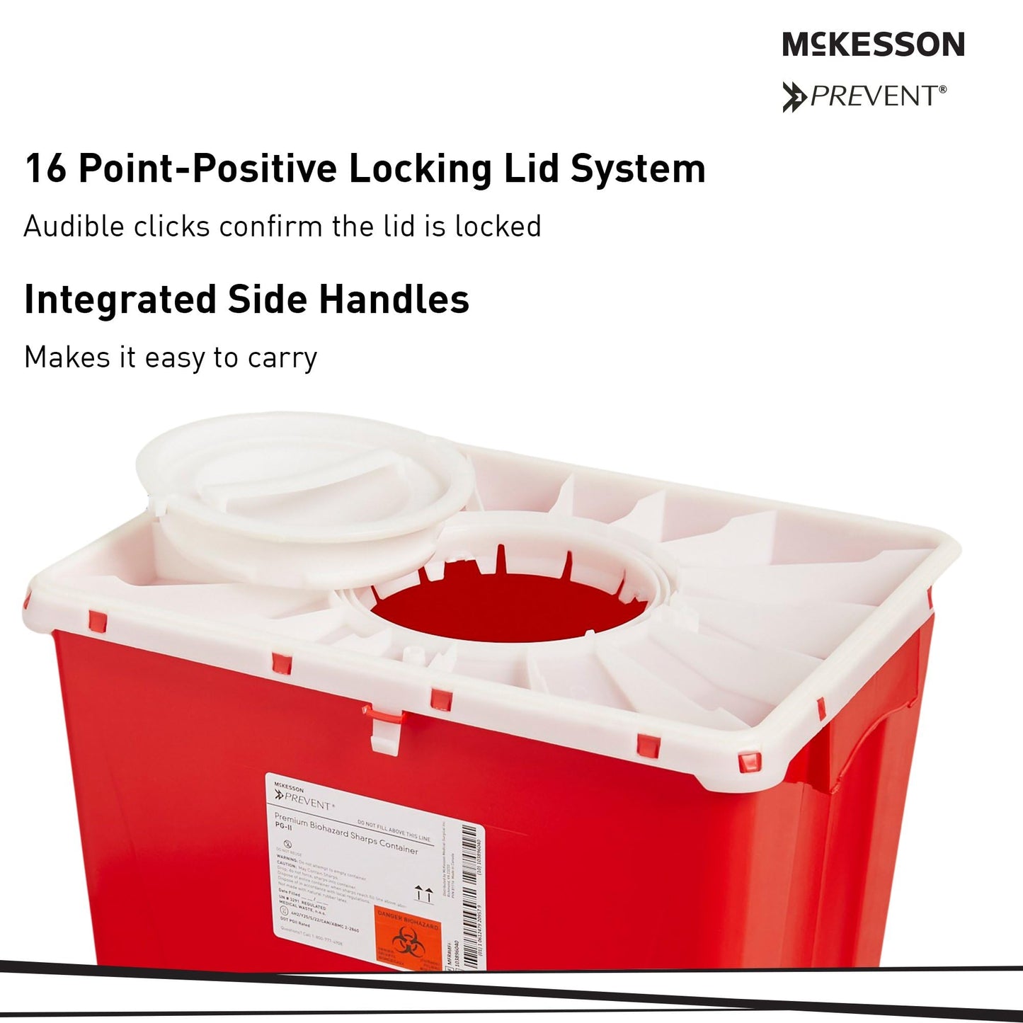 McKesson Prevent Premium Biohazard Sharps Container - Vertical Entry, Rotating Lid - Red and White, 18 gal, 13 in x 17 3/10 in x 24 3/5 in, 7 Count