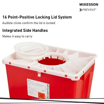 McKesson Prevent Premium Biohazard Sharps Container - Vertical Entry, Rotating Lid - Red and White, 18 gal, 13 in x 17 3/10 in x 24 3/5 in, 7 Count