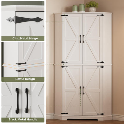 IRONCK Corner Cabinet, 72" Kitchen Pantry Cabinet, 6-Tier Freestanding Farmhouse Pantry with 2 Adjustable Shelves, 240°Swivel Doors, 2 Doors Storage, Spacious Hutch for Kitchen, Living Room, White