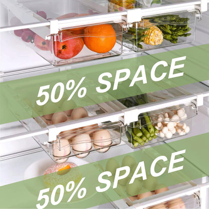 Yatmung 2 Pack Fridge Drawer Organizer - Egg Holder For Refrigerator Pull Out - Transparent Deli Drawer Organization Bin - Meat, Cheese - Sliding Storage Containers for Fridge Shelf Under 1.1"