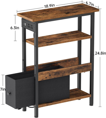 1 Creso hom Narrow Side Table with Charging Station and LED Light, End Table with Fabric Drawer, Skinny Nightstand