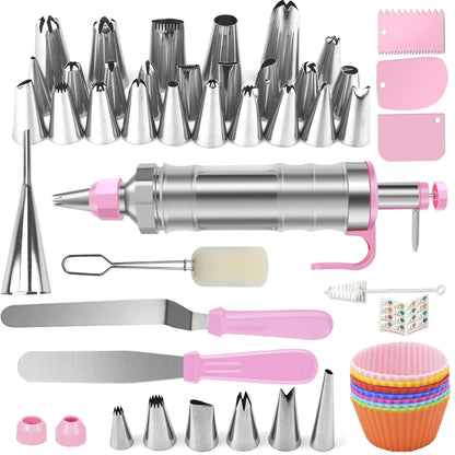 Dessert Decorating Syringe Set, Icing Piping Kit Stainless Steels Cake Decorating Tools 30 Piping Icing Nozzles Cupcake Decorating Kit - Pink