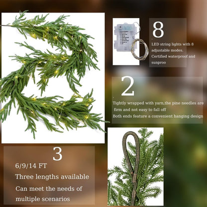 MISSPIN 9ft Christmas Garland with LED Lights, Real Touch Norfolk Pine Garland, Green Artificial Greenery Garland for Table, Mantle, String Light, Wall, Indoor, Outdoor Christmas Decorations