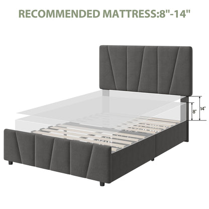 Twin Size Bed Frame with Upholstered Headboard & 2 Storage Drawers with Wheels, Platform Bed Frame with Wooden Slat Support, Adjustable Headboard, No Box Spring Needed, Noise-Free, for Bedroom