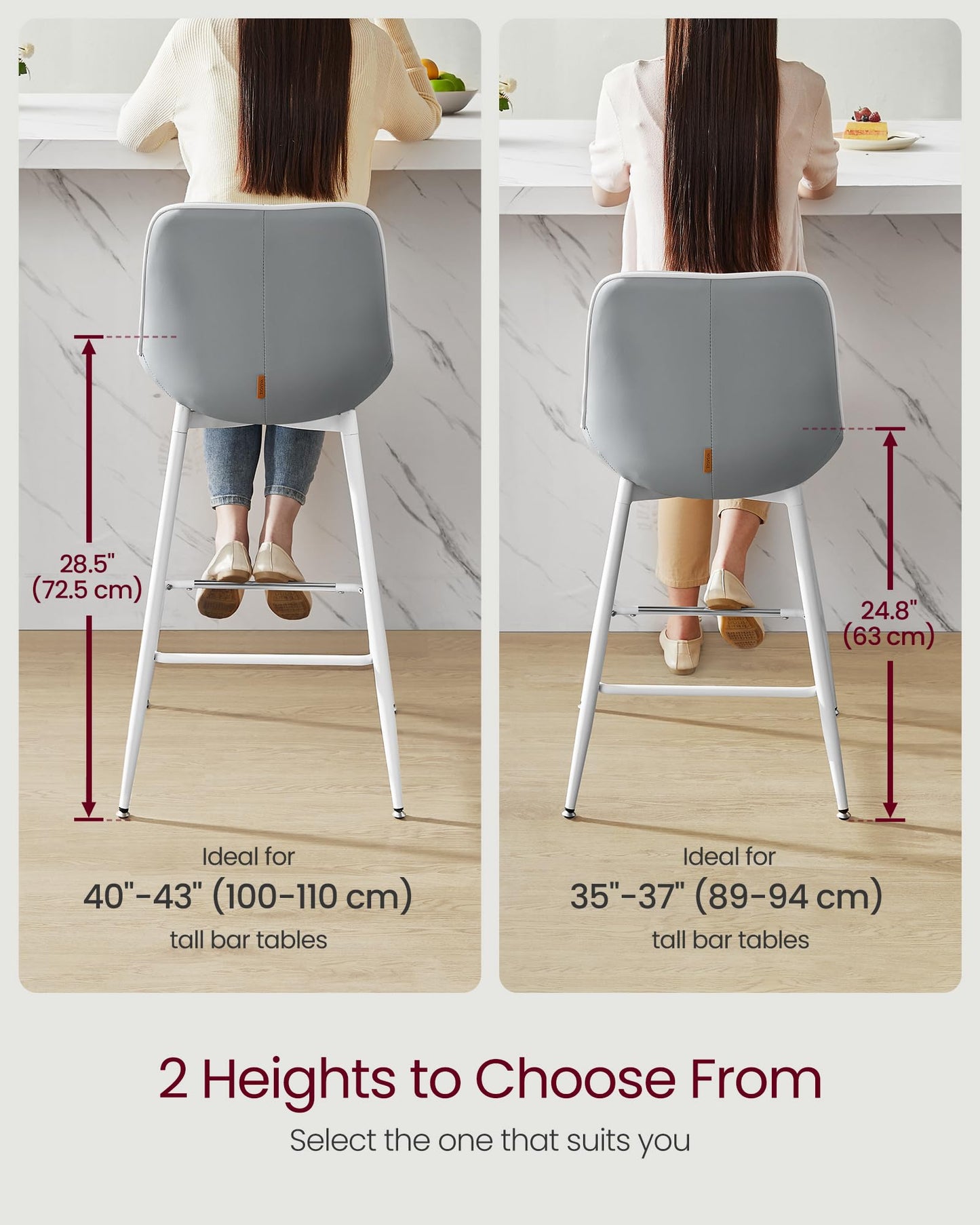 VASAGLE Bar Stools Set of 2, Counter Height Bar Stools with Back, Ergonomic Backrest, Synthetic Leather, Metal Legs, 24.8-Inch Tall Barstools for Kitchen Island Home Bar, Easy Assembly, Dove Gray