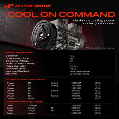 A-Premium A/C Compressor with Clutch Compatible with Chrysler 300 2007-2010, Dodge Charger Challenger 2009-2010, Magnum 2007-2008, 3.5L 4.0L