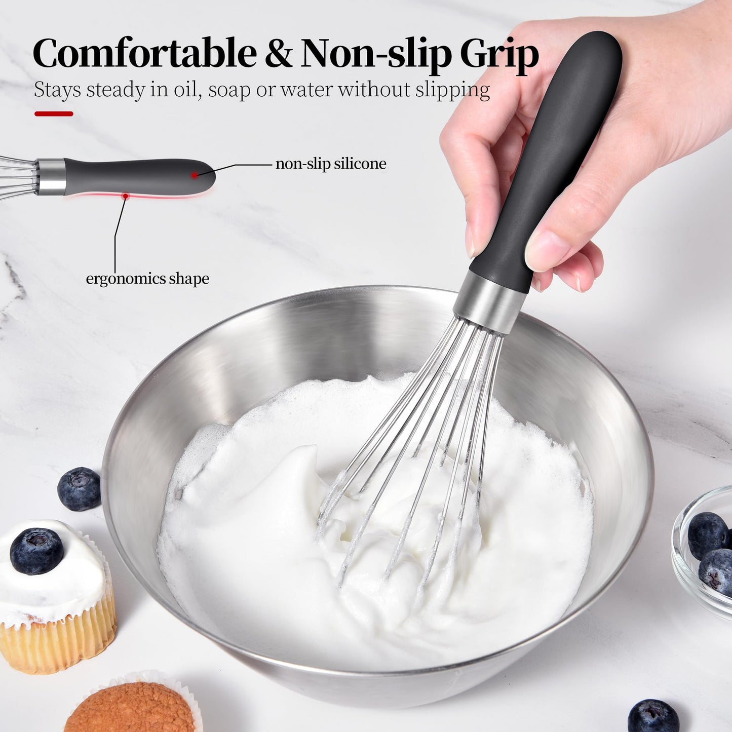 Lilybeam Small Whisk: Stainless Steel 9in Wire Balloon Wisk Kitchen Egg Whisker Heavy Duty Hand Mixer for Cooking Baking Whipping Blending Mixing Stirring Sauce, Flour, chocolate (Black)